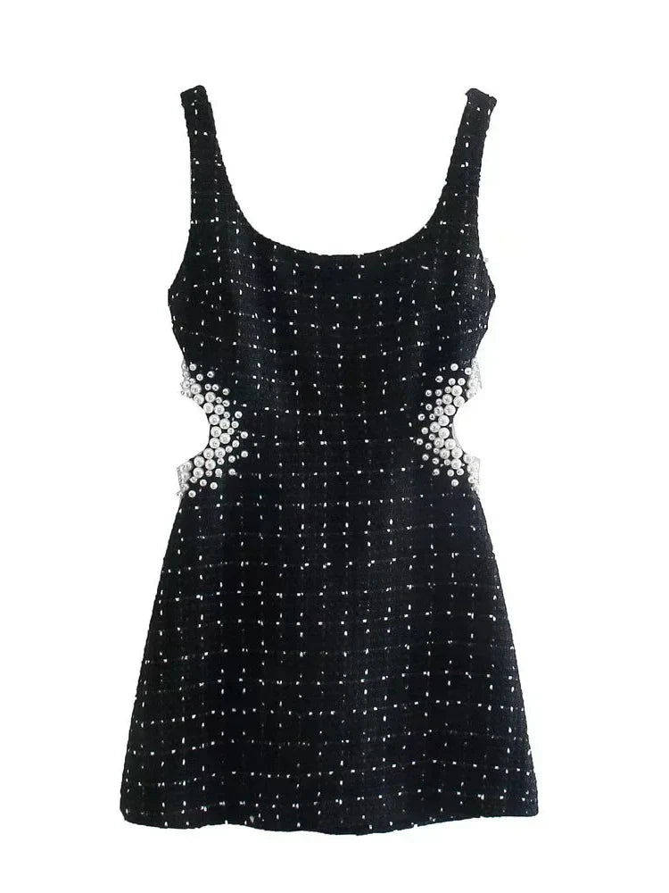 The Pearl Noir: Vintage-Inspired Hollow-Out Mini Dress